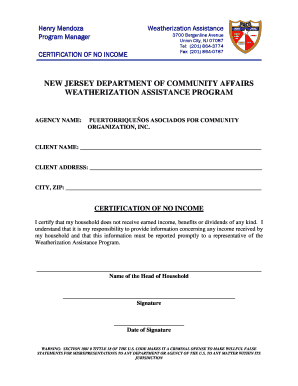 New Jersey Weatherization Assistance Program Certification of No Income