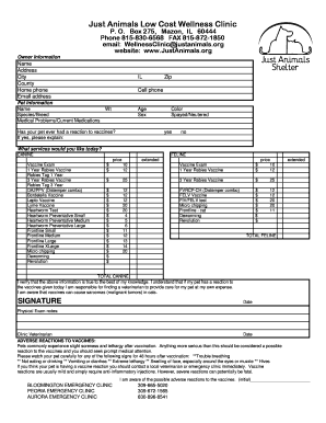 Just Animals Low Cost Wellness Clinic Pet Vaccination Form