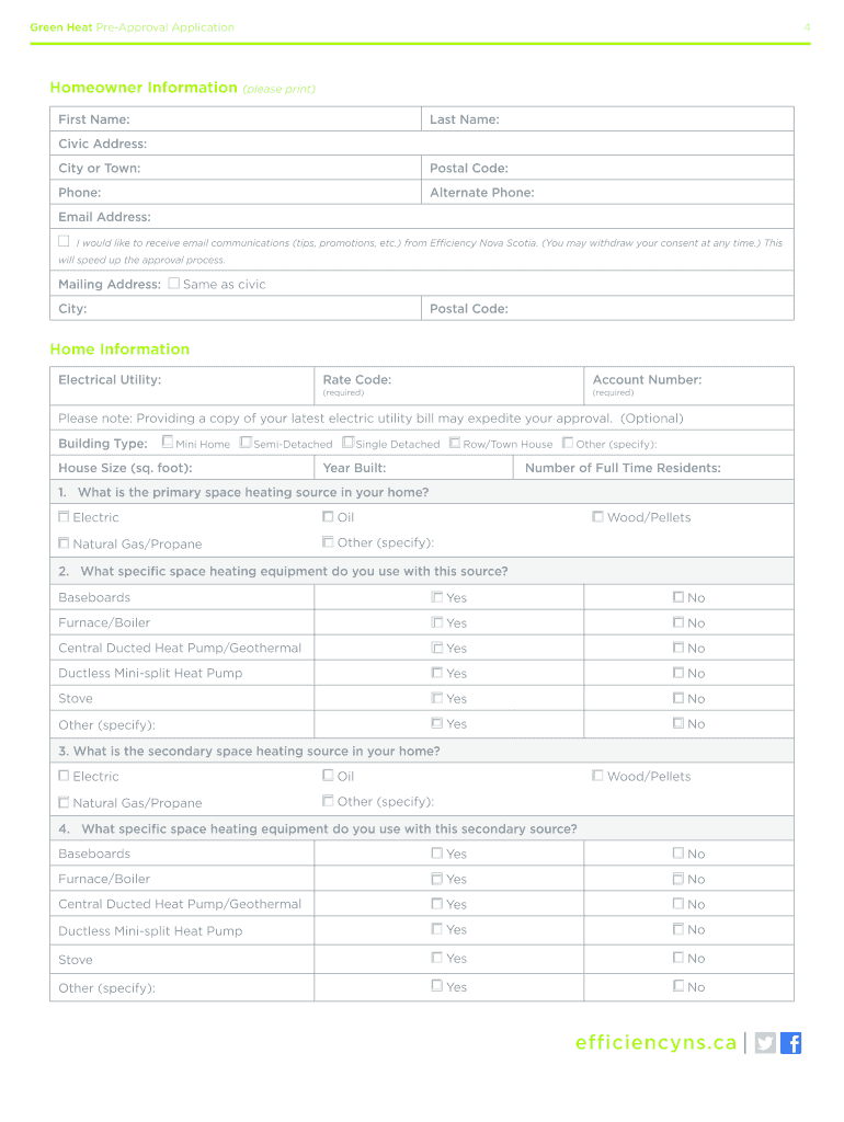 Fillable Online Green Heat PreApproval Application Efficiency Nova