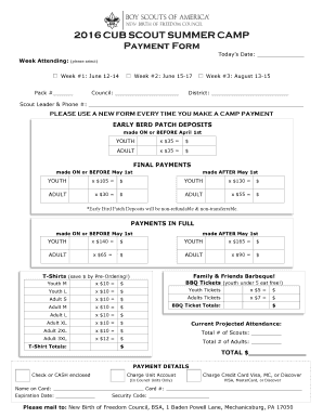 2016 Cub Scout Summer Camp Payment Form