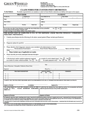 Claim Form for Custom Foot Orthotics