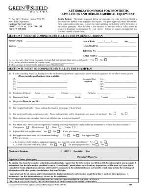 Authorization Form for Prosthetic Appliances and Durable Medical Equipment