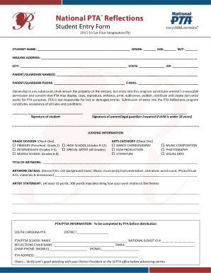 Student Entry Form for PTA Reflections Program