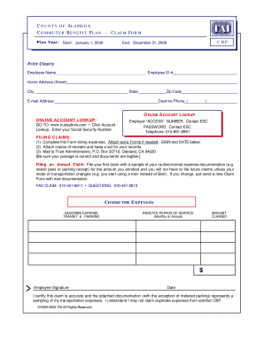 County of Alameda Commuter Benefit Plan Claim Form