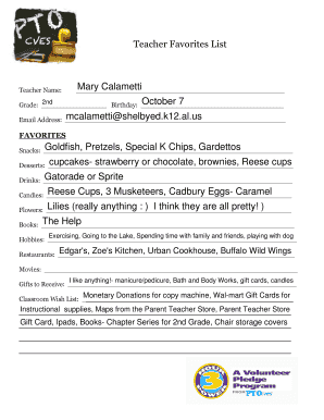 Teacher Favorites List Form