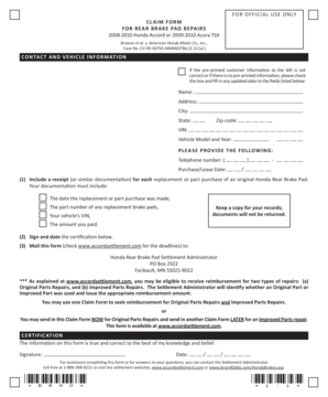 Honda Rear Brake Pad Claim Form