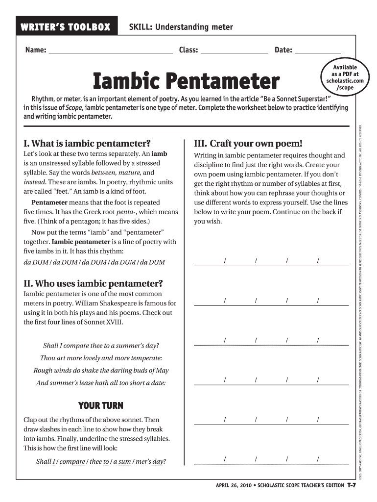 Iambic Pentameter Worksheet Fill Online Printable Fillable Blank 