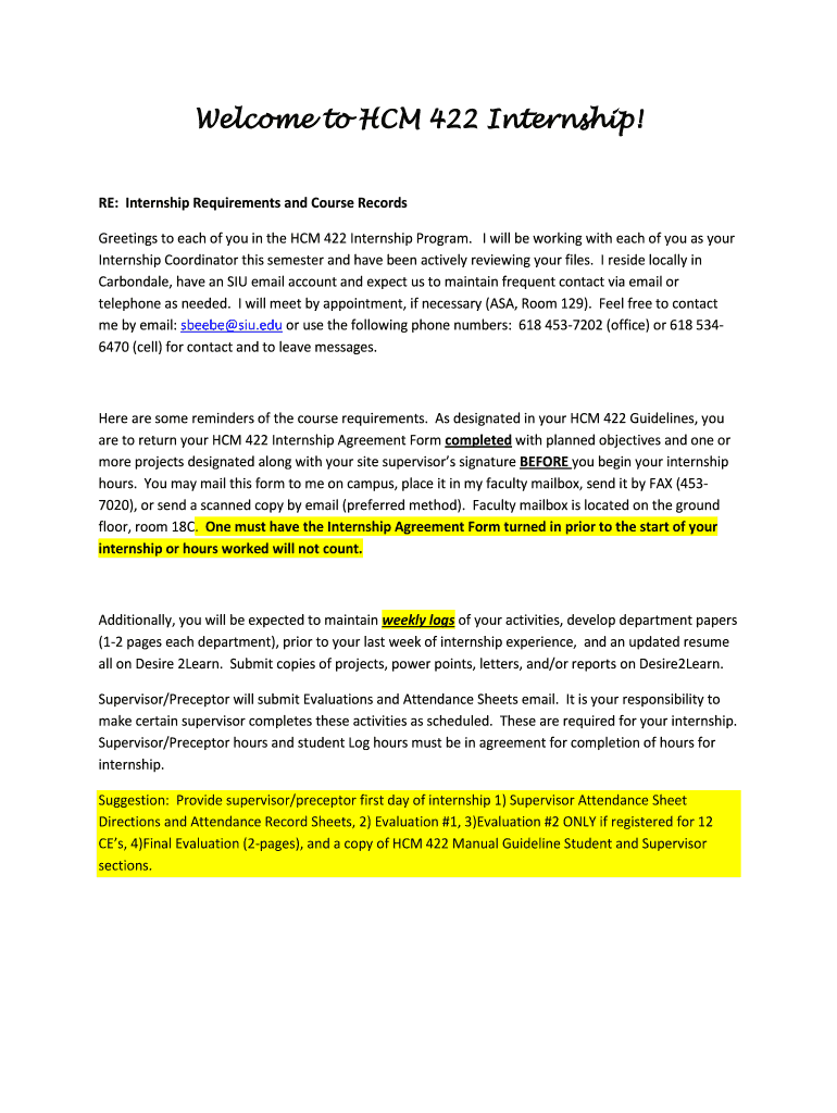 Fillable Online sah siu to HCM 422 Internship SIU Fax Email