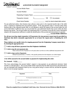 ACH Stop Payment Request Form