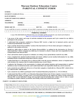 Maroon Outdoor Education Centre Parental Consent Form