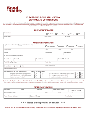 Certificate of Title Bond Application