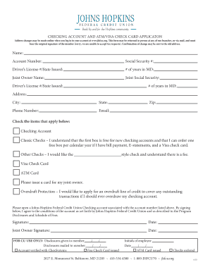 Johns Hopkins Federal Credit Union Checking Account Application