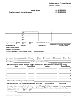 Subcontractor Prequalification Form