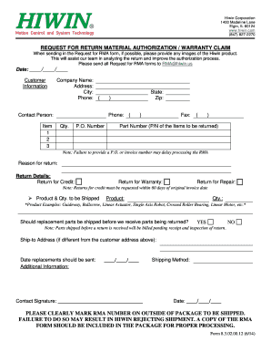 Hiwin Corporation Return Material Authorization Form