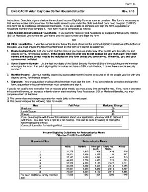 Iowa CACFP Adult Day Care Center Income Eligibility Form