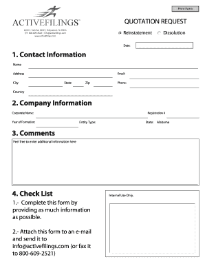 Quotation Request for Reinstatement Dissolution