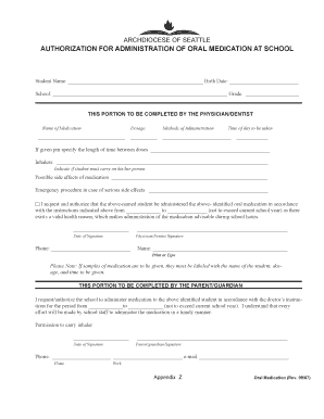 Authorization for Administration of Oral Medication at School