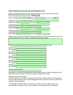 Animal Adventures Summer Camp Participation Form