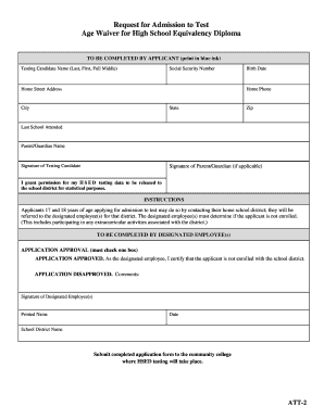 Request for Admission to Test for High School Equivalency Diploma