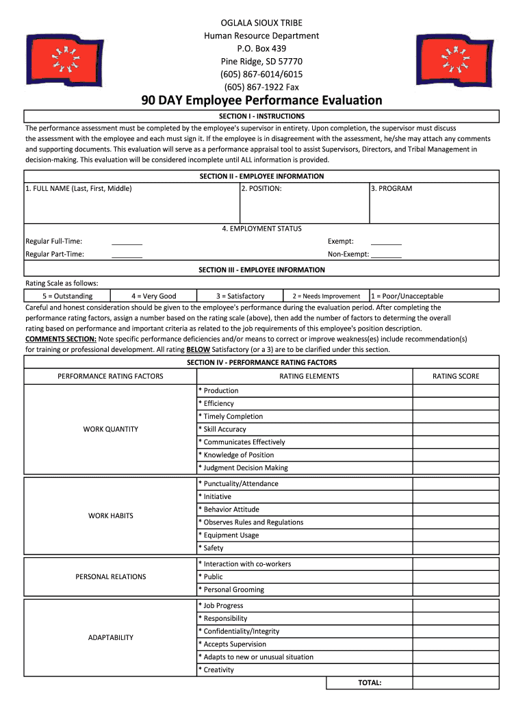 Fillable Online 90 DAY Employee Performance Evaluation Oglala Sioux