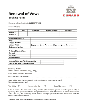 Renewal of Vows Booking Form