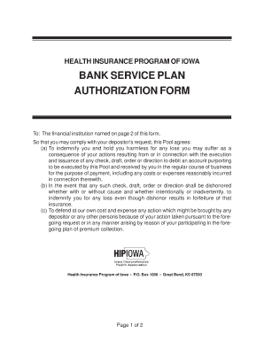 Health Insurance Program of Iowa Bank Service Plan Authorization Form