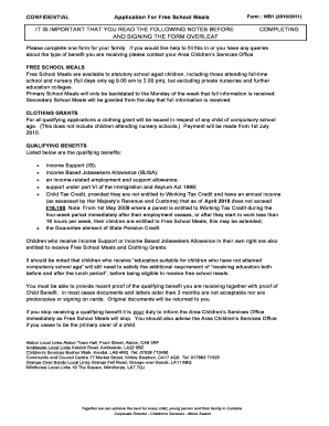 Application for Free School Meals and Clothing Grant