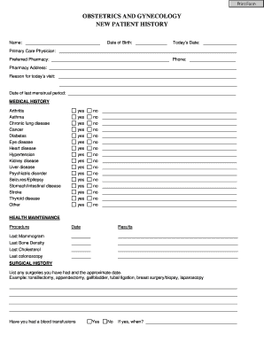 Obstetrics and Gynecology New Patient History Form