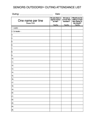 Seniors Outdoors Outing Attendance List