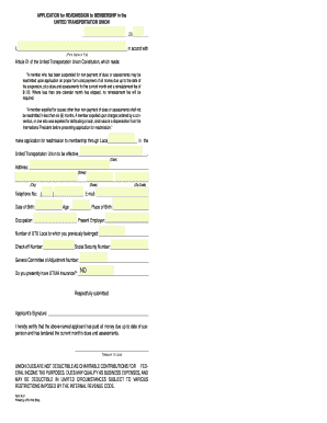 Application for Readmission to United Transportation Union Membership