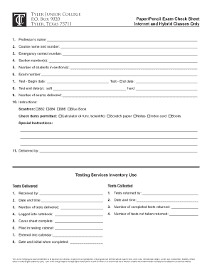 Tyler Junior College Paper/Pencil Exam Check Sheet