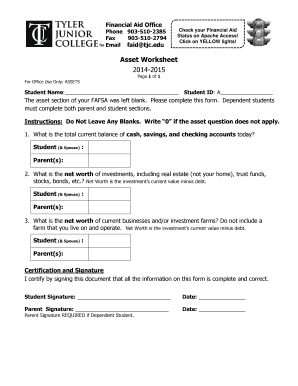 2014-2015 Asset Worksheet for Financial Aid