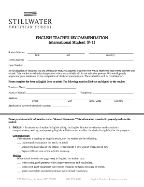 English Teacher Recommendation Form
