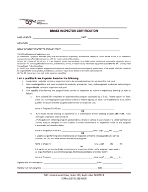 Brake Inspector Certification Form