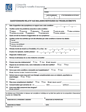 Questionnaire relatif aux maladies nerveuses ou troubles émotionnels