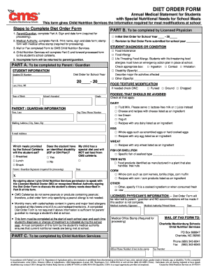 Diet Order Form for Students with Special Nutritional Needs