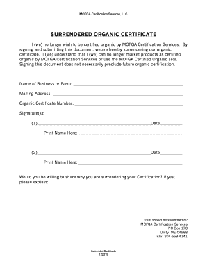 Fillable Online MOFGA Certification Services LLC Surrender Certificate