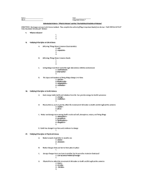 Science Outline Worksheet
