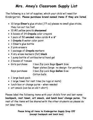 Kindergarten Supply List