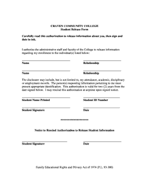 Craven Community College Student Release Form