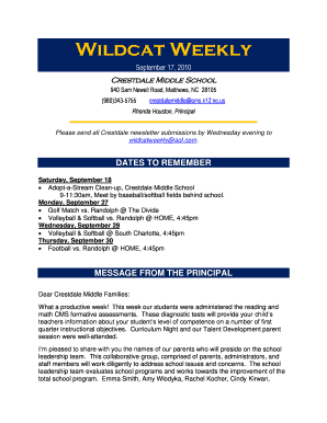 Weekly cash flow - Wildcat Weekly September 17, 2010 Crestdale Middle School 940 Sam Newell Road, Matthews, NC 28105 (980)3435755 crestdalemiddle cms - schools cms k12 nc