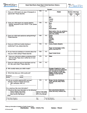 Head Start Child Nutrition History Form