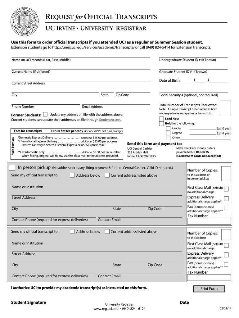 Fillable Online law uci REQUEST for OFFICIAL TRANSCRIPTS UC IRVINE