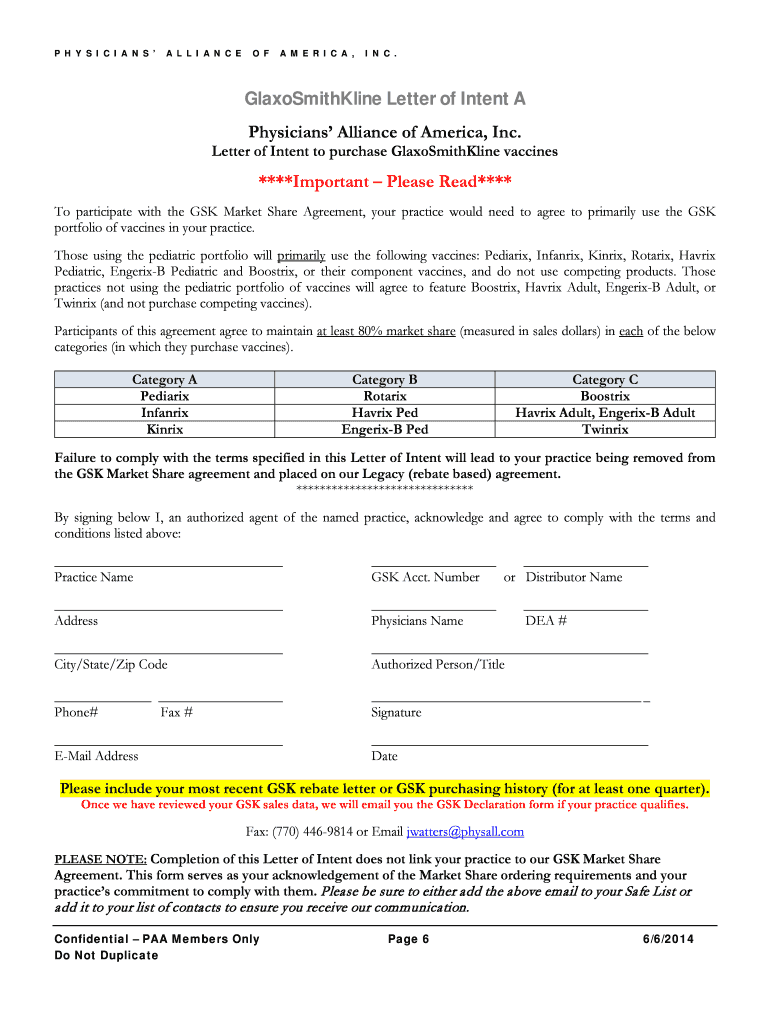 Fillable Online GlaxoSmithKline Letter of Intent A Physicians Alliance