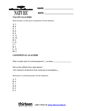 Valley and Continental Glaciers Matching Worksheet