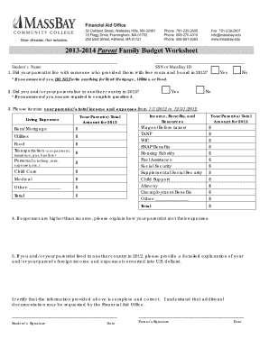 2013-2014 Parent Family Budget Worksheet