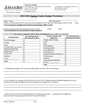 Food stamps budget sheet - 2015-2016 Student Family Budget Worksheet - massbay