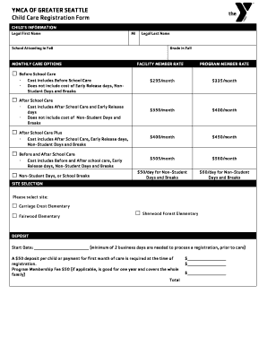 YMCA Child Care Registration Form