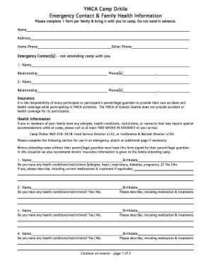 YMCA Camp Orkila Emergency Contact and Health Form