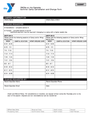 YMCA Summer Camp Cancellation and Change Form